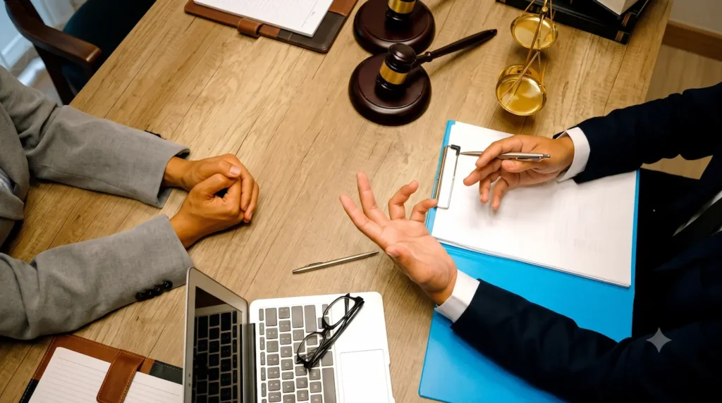 Business owner and startup team discussing brand protection and trademark registration
